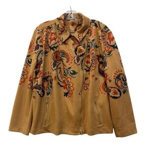 Chico's Faux Suede Paisley Floral Moto Jacket Tan Asymmetric Zip Size 4 / XXL